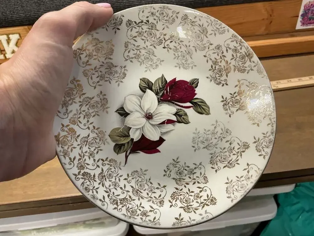 Vintage Gold Filigree Chintz Floral 6.5-Inch Dessert Plates Set of 2